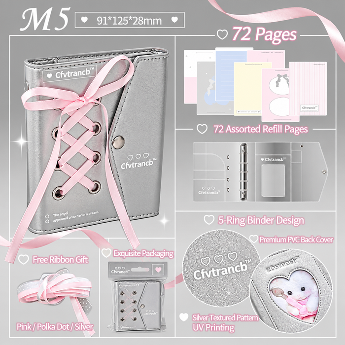 Ballet Ribbon Mini Binder Journal – M5 5-Ring Refillable Planner Notebook with 72 Pages, Card Slots & Heart Photo Window