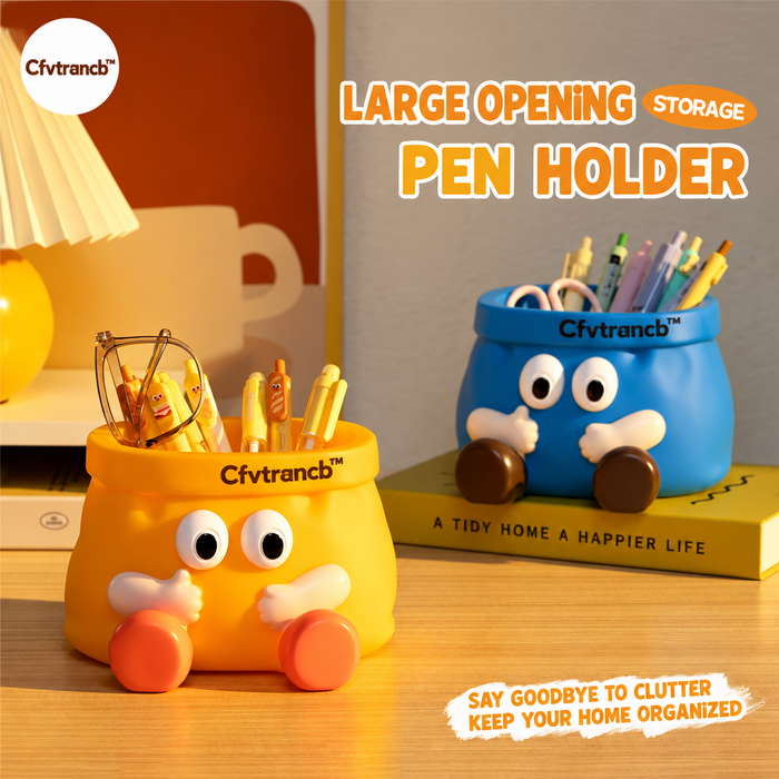 Cute Hugging Character Pen Holder – Large-Opening Desktop Organizer with Stable Base for Pens, Markers, Glasses & Cosmetics